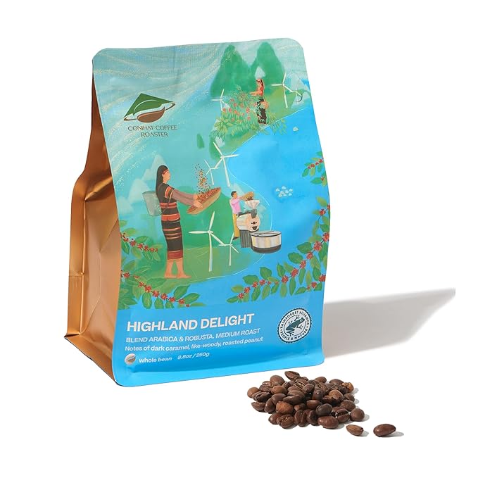 Conihat Whole Bean Coffee - Vietnamese Premium Arabica & Robusta Blend, Medium Roast, Dark Caramel, Roasted Peanut & Like-woody Notes, Balanced Flavor, Low Acid, Single Origin, Hand-Picked, 8.8 Oz Bag