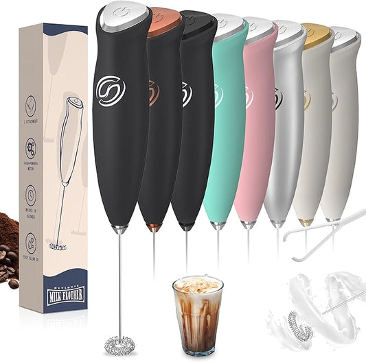 Milk Frother Wand Coffee Frother Handheld Drink Mixer Handheld with 2 Whisks Electric Whisk Stirrers Electric Milk Frother for Coffee Mixer Wand Milk Foamer-Black