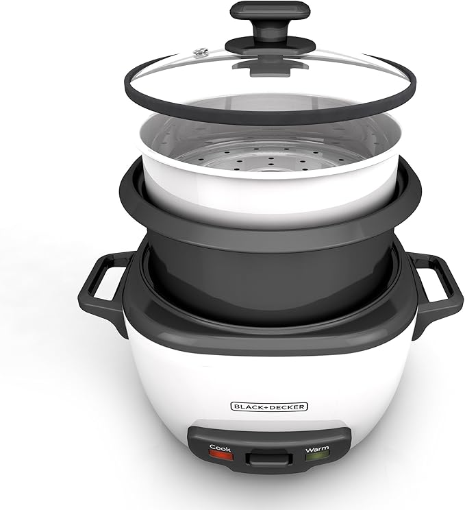 BLACK+DECKER Rice Cooker 14-Cup (Cooked) with Steaming Basket, Removable Non-Stick Bowl, White