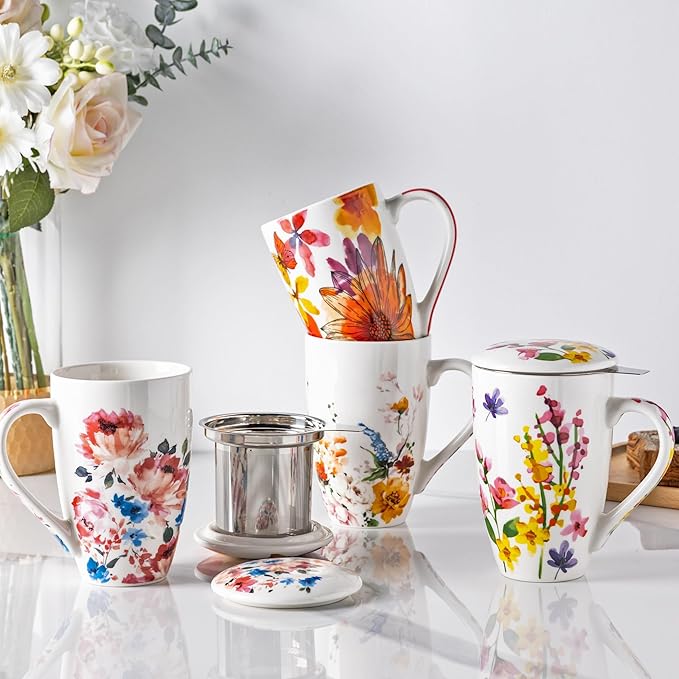 GBHOME Tea Mug with Infuser and Lid, 18 Ounce Large Ceramic Loose Leaf Cup, Microwave, Dishwasher Safe Steeping Mug, Pefect For Tea Lover