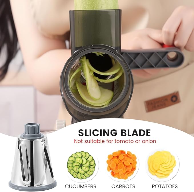 HANSGO Rotary Cheese Grater, Hand Crank Cheese Shredder for Fresh Cheeses, Vegetable, Nuts, Safe Kitchen Tool, Non-slip Suction Base, Labor-Saving Handle, Cleaning Brush, Three Blades