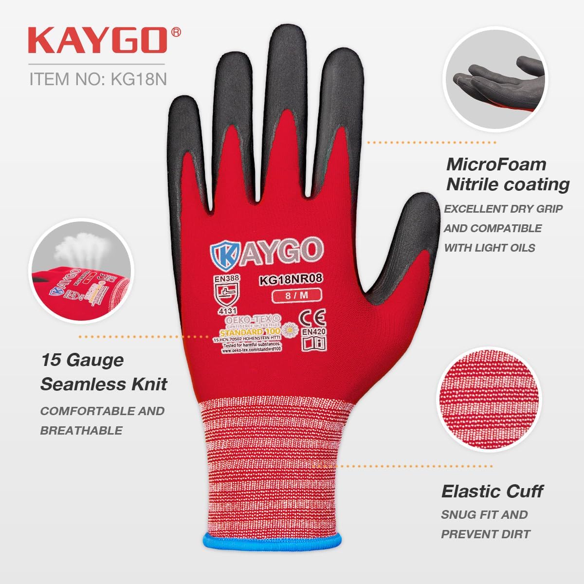 KAYGO Safety Work Gloves MicroFoam Nitrile Coated-12 Pairs, KG18NB,Seamless Knit Nylon Glove with Black Micro-Foam Nitrile Grip,Ideal for General Purpose,Automotive,Home Improvement