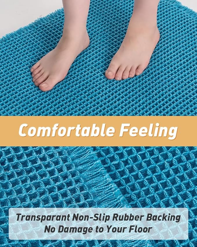 Upgraded Waffle Runner Rug, Super Absorbent Non Slip Bath Mats for Bathroom Floor, Machine Washable Bathroom Runner Rug with Tassels, Ideal for Hallway Bedroom Laundry Room, Teal, 2'x4'(24" x 48")