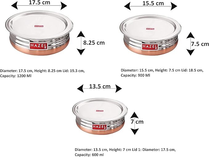 HAZEL Stainless Steel Copper Bottom Pot Handi with Lid | Urli Vessel Cooking Stainless Steel | Serving Tope Handi | Serveware set of 5 (600 ml, 900 ml, 1200 ml, 1500 ml, 1800 ml) | 3 Months Warrenty