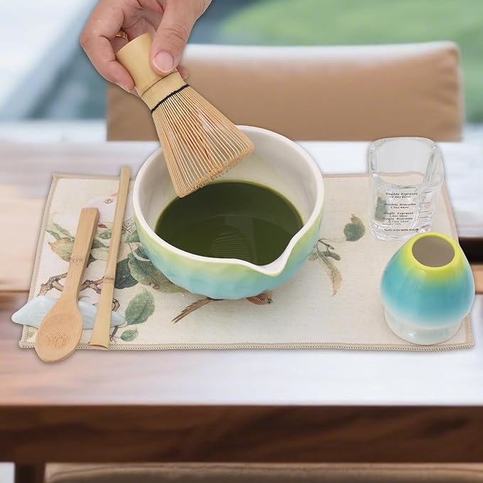 Matcha Whisk Set – 10 Pcs Matcha Set Whisk and Bowl – Ceremonial Matcha Kit, Matcha Starter Kit & Accessories – Glazed Aqua Ombre Japanese Matcha Set Gift for Tea Ceremony and Matcha Lovers