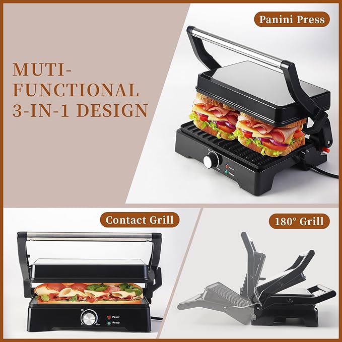 Panini Press Grill Sandwich Maker, Large Electric 3 in 1 Panini Sandwich Maker Grill, Open 180 Degrees for Grill Indoor, Perfect for Grilling Steaks, Burger, Sandwich,Non-stick Pan, Black