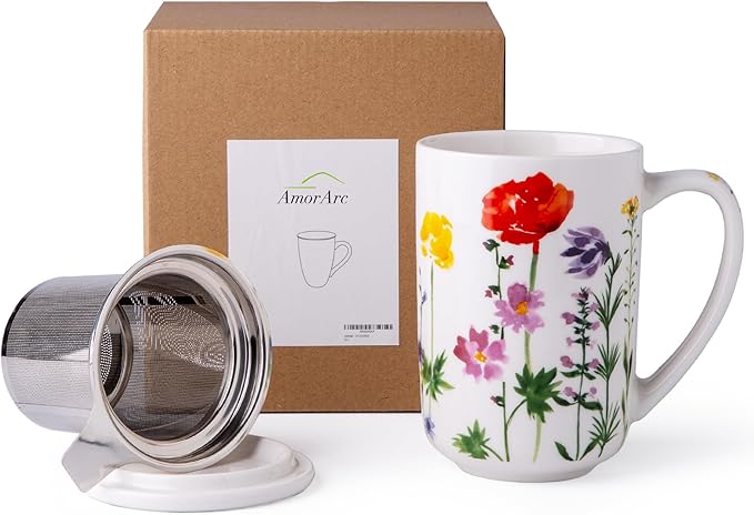 AmorArc Porcelain Tea Mug with Infuser and Lids, 18 Oz Coffee Cup Strainer with Bag Holder for Loose Leaf Tea, Tea Steeping Coffee Mug for House-warming Wedding Birthday Gift