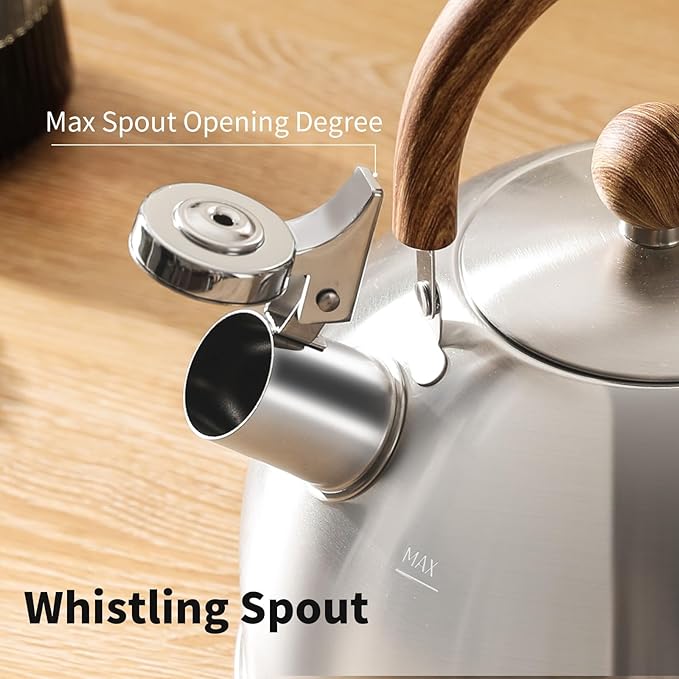 Tea Kettle, 18/8 Stainless Steel Whistling Teapot, 3.17 Quart Camping Tea Kettle for Stovetop, Water Coffee Pot with Anti-Hot Wood Handle (3L,Silver)