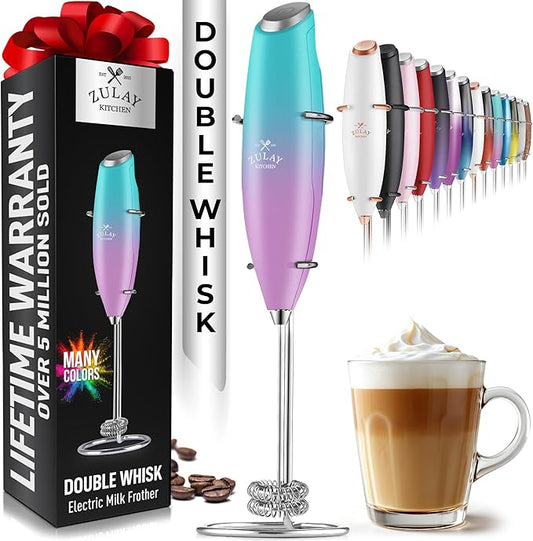 Zulay Kitchen Double Whisk Milk Frother – Handheld Foam Maker for Coffee, Lattes, Matcha, Hot Chocolate & Cappuccinos – Whip Creamy Froth in Seconds, Portable & Easy to Use