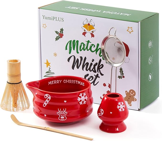 5pcs Premium Matcha Set,Ceramic Bowl with Spout and Bamboo Whisk set, Ceremonical Matcha Kit for breakfast/latte,Tea Starter Making Kit,Unique Matcha Gift set (Reindeer Red)