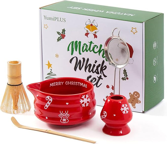 5pcs Premium Matcha Set,Ceramic Bowl with Spout and Bamboo Whisk set, Ceremonical Matcha Kit for breakfast/latte,Tea Starter Making Kit,Unique Matcha Gift set (Reindeer Red)