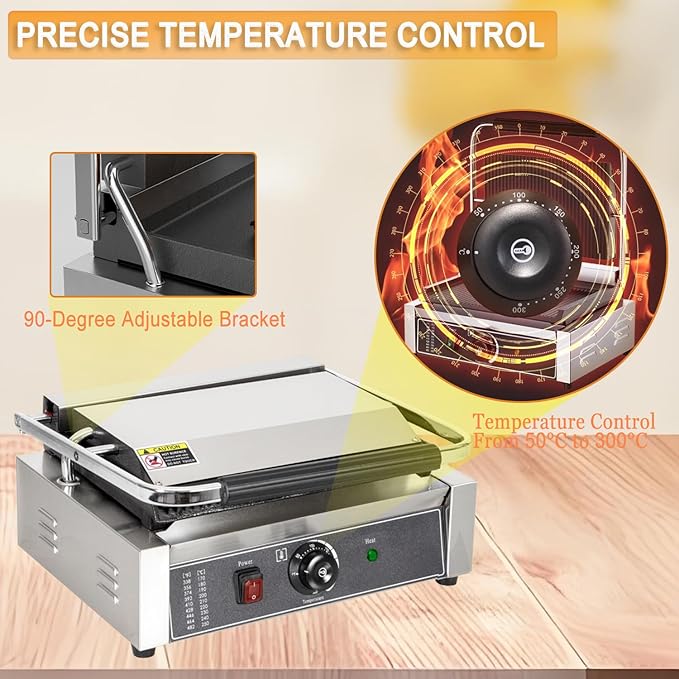 CTJ Commercial Panini Press Stainless Steel Electric Sandwich Panini Maker 2200W Countertop Panini Grill Press with Grooved Top & Temp Control for Sandwich Hamburger Steak Bacon
