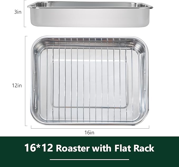 Stainless Steel Roasting Oven Pan: Roaster Pans With Rack & Handles 16.2 * 12.2 * 3 inches - Kitchen Baking Appliances for Turkey Chicken Beef - Kitchen Cookware Gifts for Women Homeowner