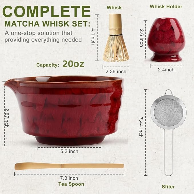 Matcha Whisk Set, 2025 New Ceramic Matcha Set Includes Matcha Bowl, Bamboo Scoop,Sifter, Whisk and Holder- 5 Pcs Kit for Matcha Lovers (Rose Red)