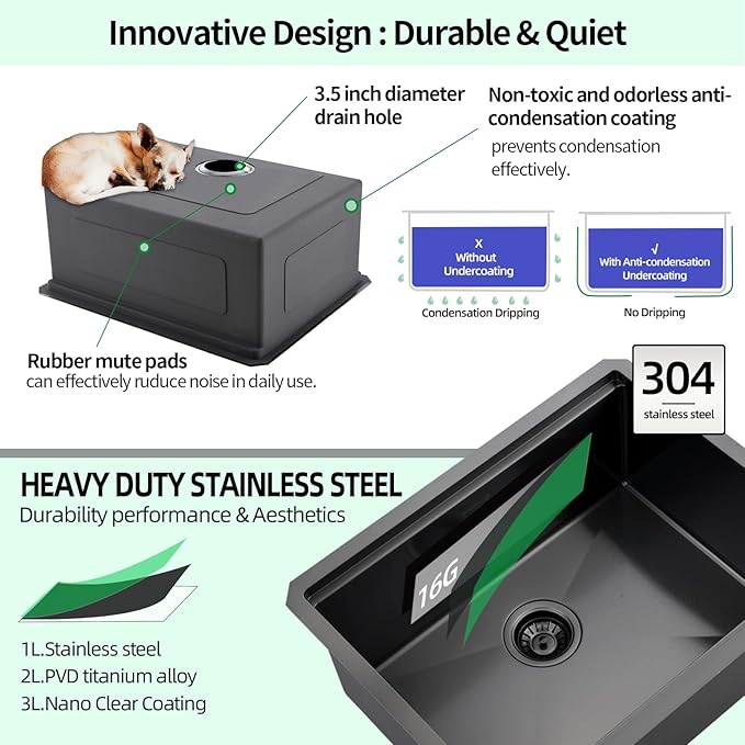 Undermount Kitchen Sink, 24 x 19 Inch Sink Kitchen 16 Gauge Stainless Steel Kitchen Sinks Gunmetal Black Single Bowl Workstation Sink with Cutting Board