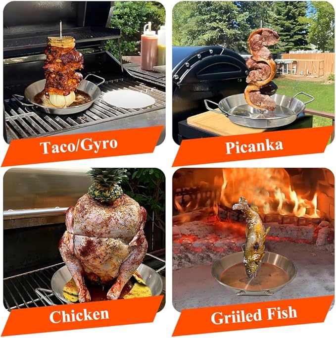 BBQ Vertical Skewer Pan Stainless Steel Gyro Spit Shawarma Stand for oven, Al Pastor Skewer for Grill, El Pastor Hack for Tacos Al Pastor Chicken, Brazilian, with 8",10",12" stick