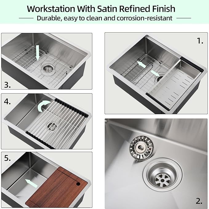 Undermount Kitchen Sink, 24 x 19 Inch Sink Kitchen 16 Gauge Stainless Steel Kitchen Sinks Single Bowl Workstation Sink with Cutting Board