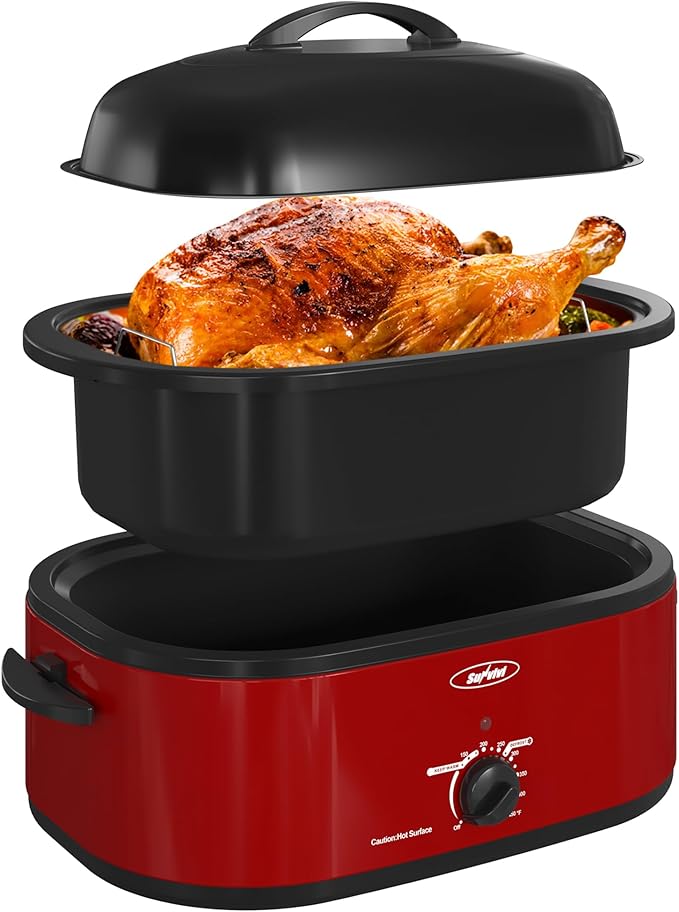 Roaster Oven, Electric Roaster Oven with Viewing Lid, Large Roaster with Removable Pan & Rack, Turkey Roaster with Unique Defrost/Warm Function, Stainless Steel, Red, 18QT
