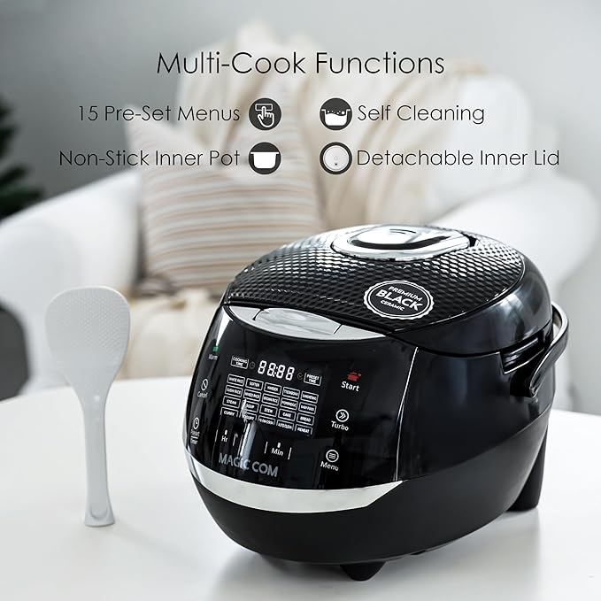 MAGiC COM Rice Cooker, 20 Cup(Cooked) 10 Cup(Uncooked) One Touch Healthy Cooking with 15 Menu Modes, Nonstick Inner Pot, Steamer Basket, Auto Clean, 24 Hour Delay Timer and Auto Keep Warm (Black)