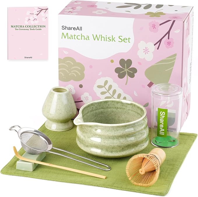 Matcha Whisk Set, 7Pcs Matcha Set - 18oz Matcha Bowl with Spout, Bamboo Matcha whisk & Ceramic Holder, Sifter/Scoop/Stand/Towel, Matcha Kit for Tea Lovers, Ideal Gift Set (Speckled green)