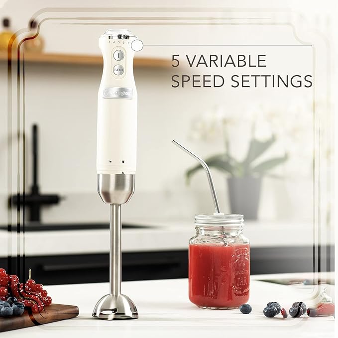 Westinghouse Hand Blender - 5-Speed Immersion Blender with Turbo Function, Stainless Steel Blades & Rod, 500W Power, Detachable Easy Clean Design, Best for Smoothies & Soups - Retro Appliance, White