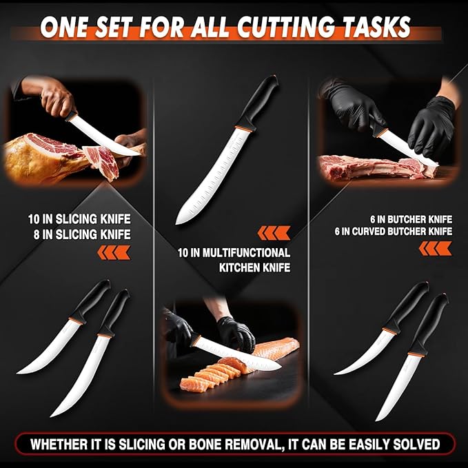 TIVOLI Butcher Knife Set, 6 PCS Professional Bbq Knife Set with Non-Slip Softgrip, German Stainless Steel Blade For Meat Cutting Skinning Boning Trimming, Non-Slip Softgrip & Incl. 7" Sharpener Rod