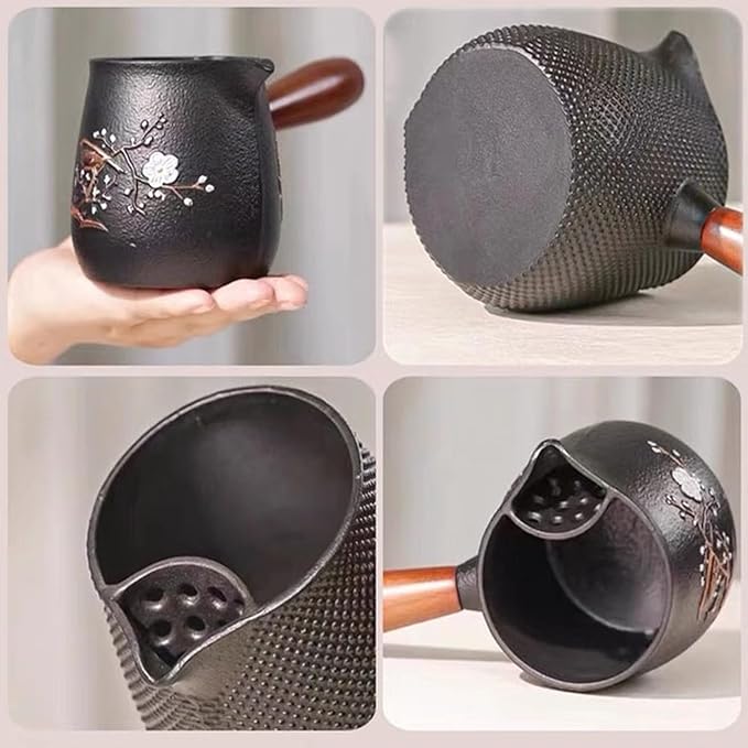 Handcrafted Cast Iron Teapot for Open Flame Brewing - Side Handle Tea Kettle for Milk Tea, Boiling, and Steeping - Traditional Tea Set (Bamboo Weaving)