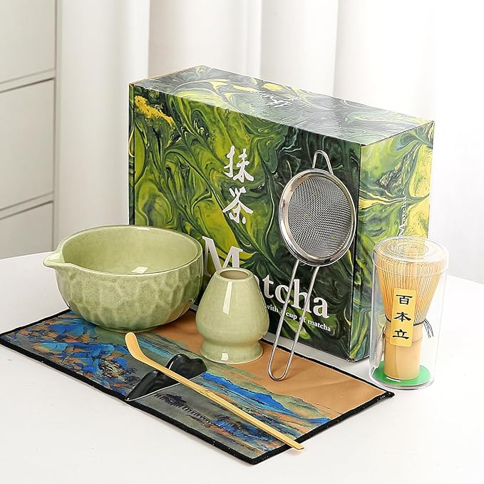 7-Piece Matcha Whisk Set, green Ceramic Matcha Bowl with Unique Diamond Design, Bamboo Whisk, Scoop, Sifter & Tea Towel - Complete Matcha Kit for Tea Lovers (Pink Gift Box) (green)