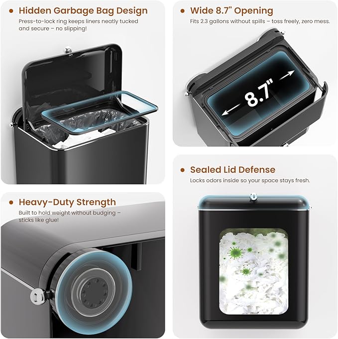 7-Piece Black Bathroom Set with Suction Wall Trash Can - Space Saving Organizer Kit with Toilet Brush, Liquid & Foam Soap Dispenser, Toothbrush Holder, Cup, Soap Dish for Bathroom Kitchen