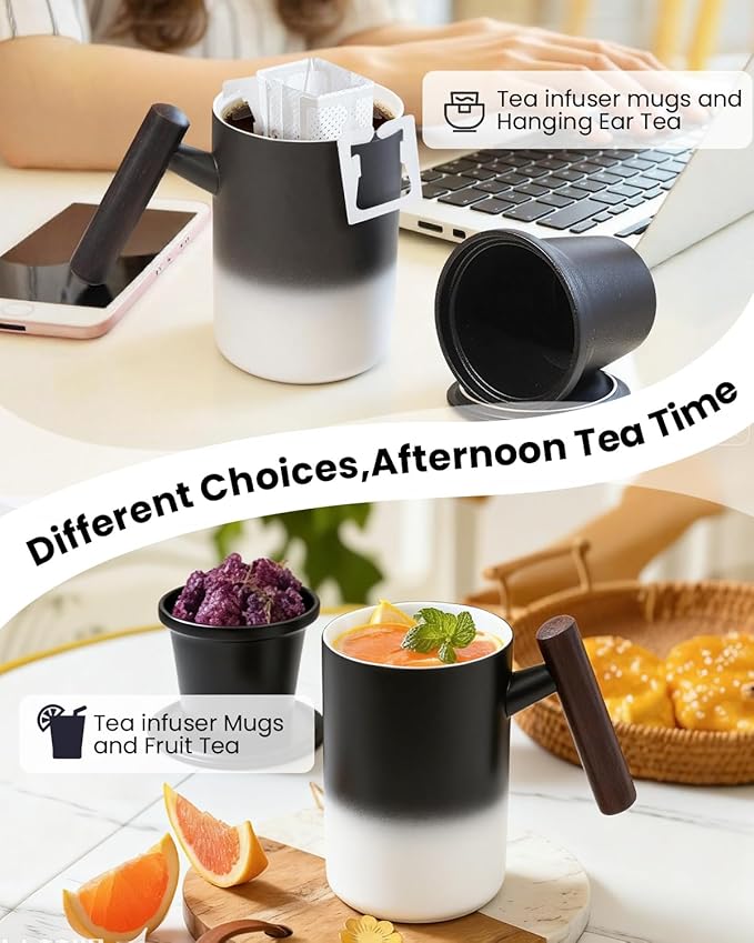 15 OZ Porcelain Tea Infuser Cup with Lid,Ceramic Tea Mug with Porcelain Strainer for Loose Leaf,Tea Strainers Cup with Wood Handle,BPA-Free,Gifts for Tea's Lover (Gradient Black)
