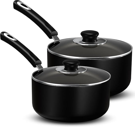 Utopia Kitchen Nonstick Stock Pot Saucepan Set with Lids, 1 Quart and 2 Quarts Multipurpose Stock Pots Set for Home, Kitchen or Restaurant, Black