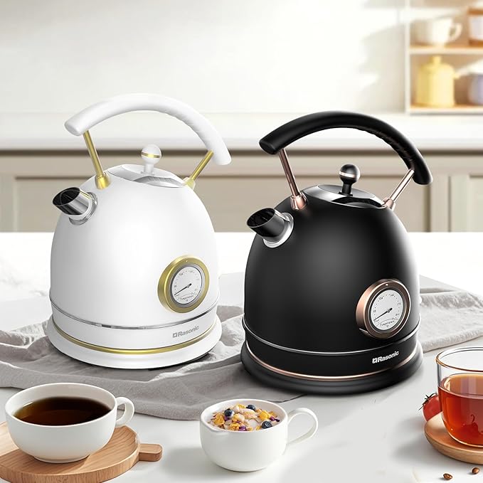 Rasonic Classic Retro Electric Kettle, 1.8L Stainless Steel, 1500W Fast Quiet Boiling, Temperature Gauge, LED Light, Auto Shut-Off, Home & Office Use - White and Champagne Gold