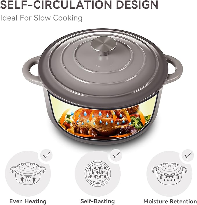 Miereirl 6 Quart Enameled Dutch Oven Pot with Lid, Cast Iron Dutch Oven with Dual Handles for Bread Baking, Cooking, Non-stick Enamel Coated Cookware, Grey