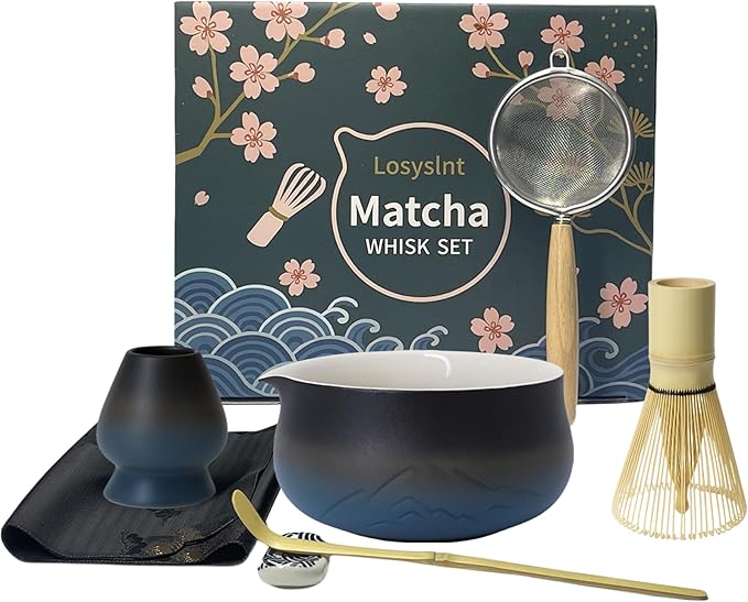 7 Pcs Matcha Whisk Set - Complete Matcha Kit Set Includes Matcha Bowl with Spout, Bamboo Whisk with Holder, Scoop, Sifter, Scoop Holder, Tea Towel - Ideal Gift for Matcha Lovers (Blue)