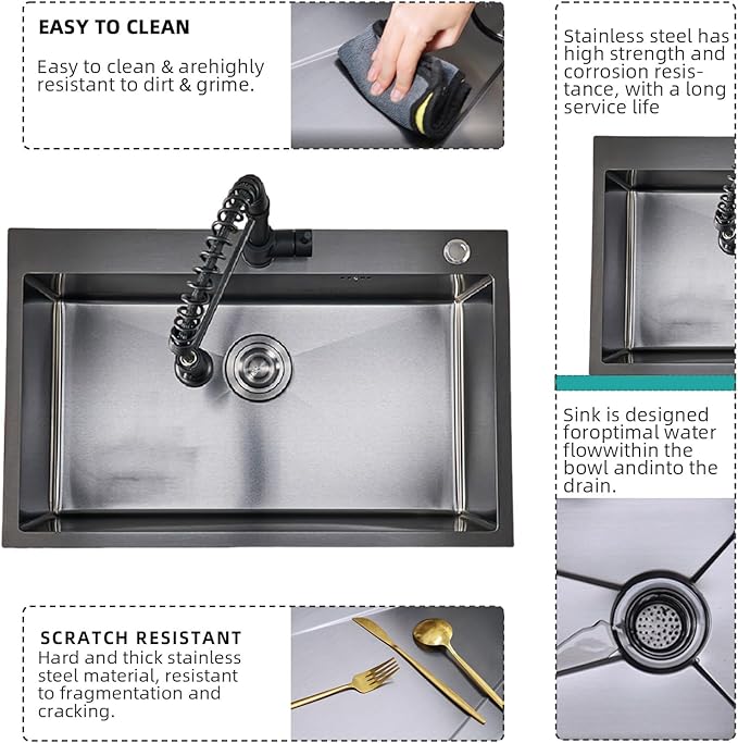 Top-mount Kitchen Sinks,33X22 Inch Drop in Black Single Bowl,9 Inch Deep Handmade Overmount Kitchen Sink, T304 Stainless Steel Nano Black Workstation Sink and Faucet with Accessories