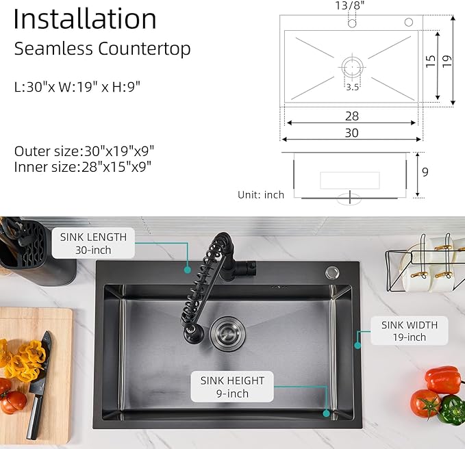 Top-Mount Kitchen Sink and Faucet, 30 inch Drop in Black Kitchen Sinks Single Bowl,9" Deep Handmade Overmount Kitchen Sink, T304 Stainless Steel Nano Black Workstation Sink with Accessories