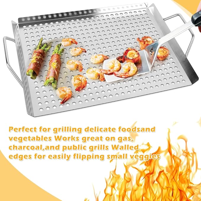 11 x 14 Inch Nonstick Grill Tray with Handles,Perforated Stainless Steel Grill Pans for Outdoor Grill,Heavy Duty Grilling Accessories for Charcoal/Gas Grills,Easy to Use and Clean (11 * 14)