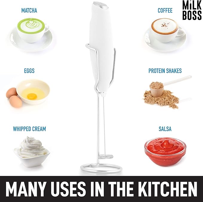 Milk Boss Matcha Whisk - Handheld Electric Stirrer - Frother Wand & Drink Mixer - Durable Stainless Steel - White Ultra Stand