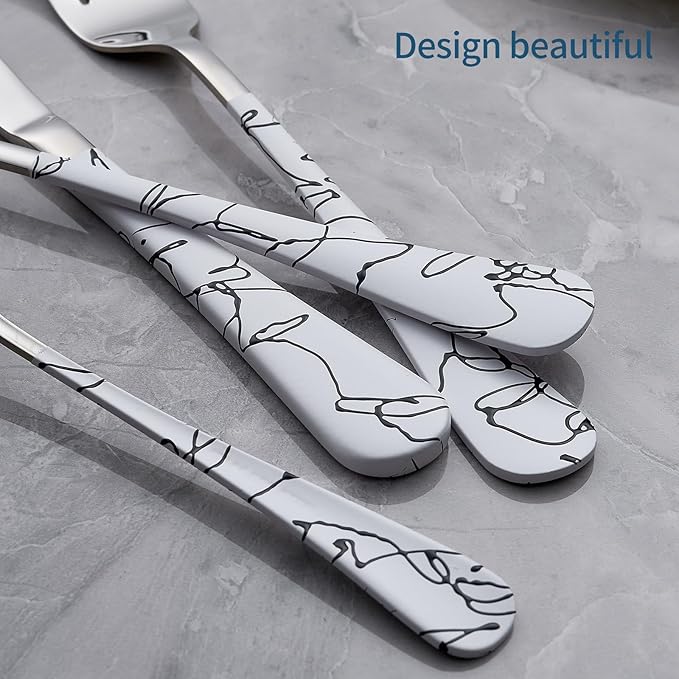 20-Piece Silverware Set with Stainless Steel Flatware - White Marbling Handle Cutlery - Dinner Knives, Forks, Spoons - Dishwasher Safe