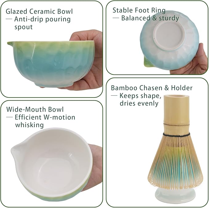 Matcha Whisk Set – 10 Pcs Matcha Set Whisk and Bowl – Ceremonial Matcha Kit, Matcha Starter Kit & Accessories – Glazed Aqua Ombre Japanese Matcha Set Gift for Tea Ceremony and Matcha Lovers