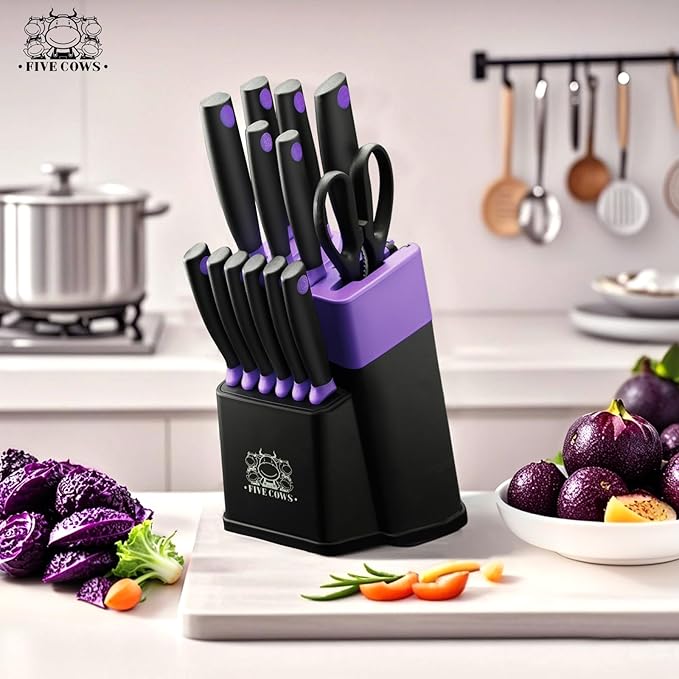 14 Pcs Kitchen Knife Block Set with Sharpener German High Carbon Stainless Steel Chef Knives, Razor-Sharp & Durable, Lightweight Anti-Slip Handle, Professional Set for Home & Kitchen (Purple)