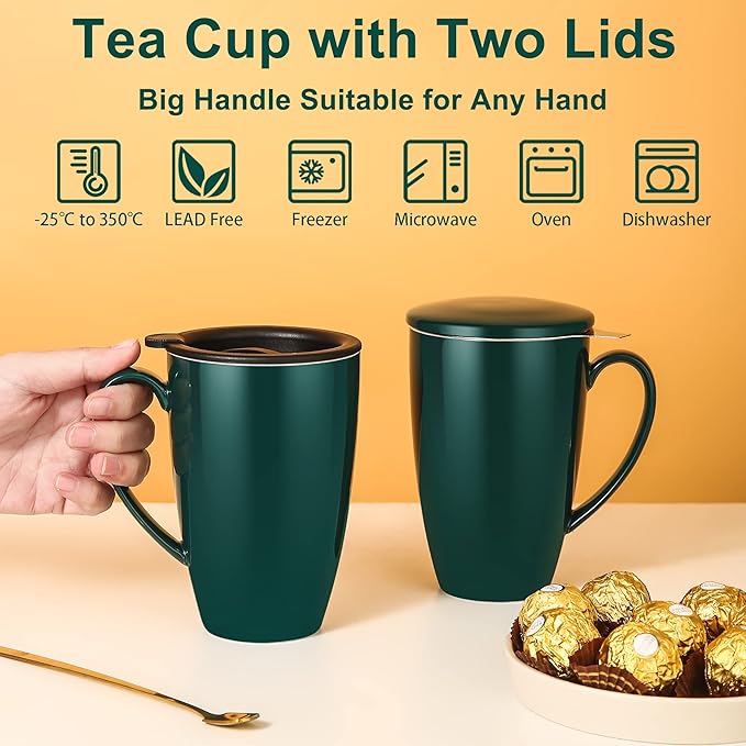 Tea Infuser Mug, 17 oz Large Porcelain Tea Cup with Infuser and Lid for Loose Leaf, Home, Office and Gifts