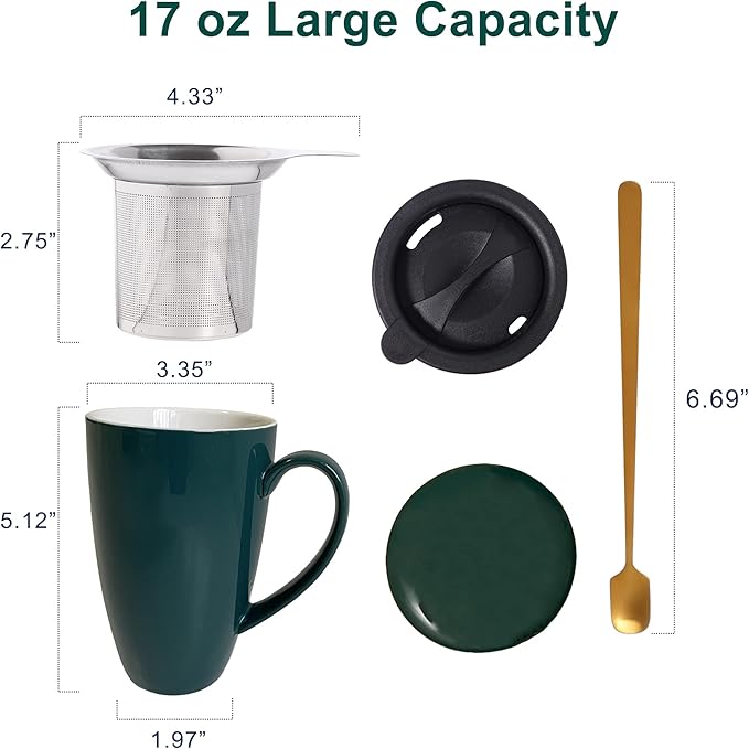Tea Infuser Mug, 17 oz Large Porcelain Tea Cup with Infuser and Lid for Loose Leaf, Home, Office and Gifts