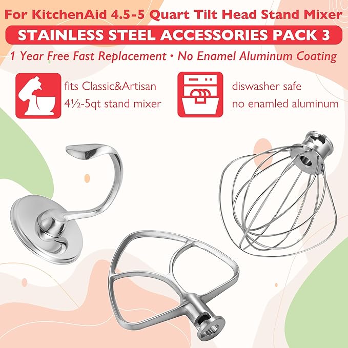 Stainless Steel Accessories for KitchenAid 4.5-5 Qt Tilt Head Stand Mixer, Includes 6 Wire Whisk, Flat Beater, Dough Hook for KitchenAid, Dishwasher Safe and Heavy Duty, Fits for KSM45, KSM150