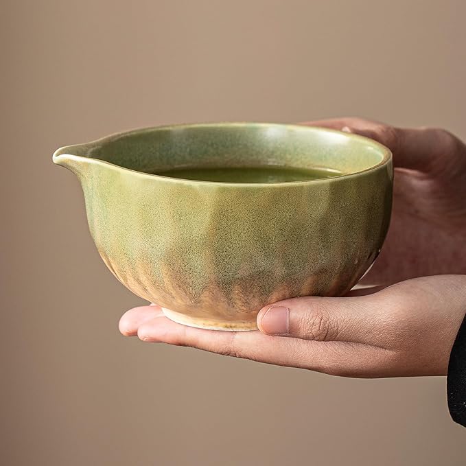 Clay&Fire Matcha Whisk Set，9 Pcs Ceramic Matcha Set, 15 OZ Matcha Bowl with Spout and Whisk for Friend, Ideal Gift for Matcha Lover（Kiln-change Green）