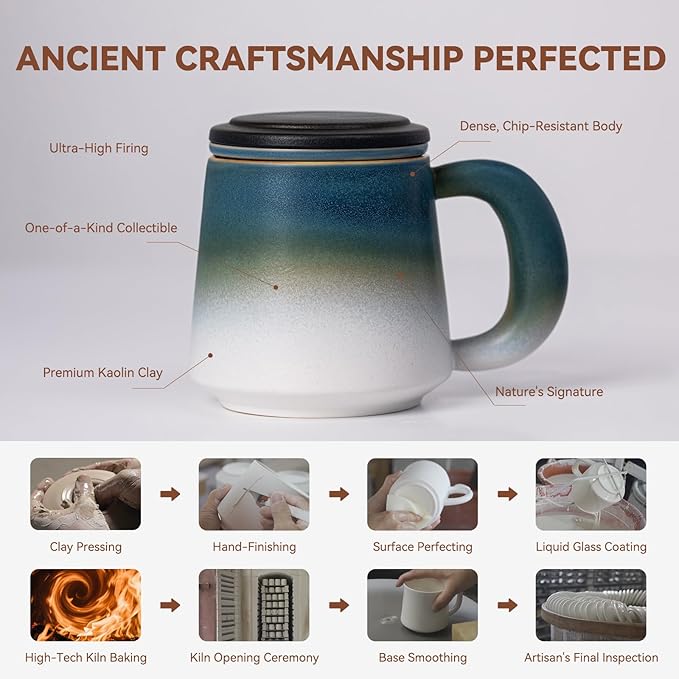 Tea Cup with Infuser and Lid 16oz - Kiln-Transformed Ceramic Mug with Blue-White Gradient, Large Grip Handle Loose Leaf Tea Set, Anniversary Birthday Gift