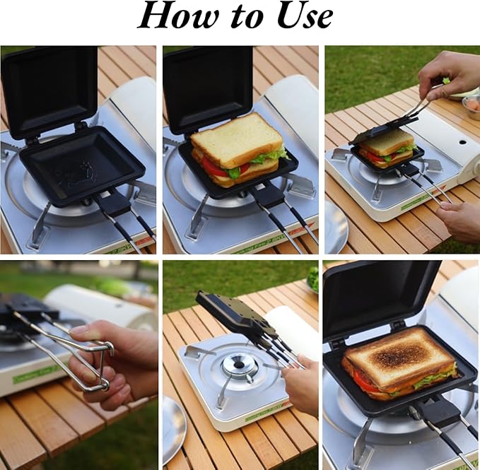Sandwich Maker, Double Sided Camping Foldable Maker Nonstick Coating Hot Toaster Stovetop Toasted Sandwich Maker Flip Pan Rustproof with Foldable Handle for Outdoor Use