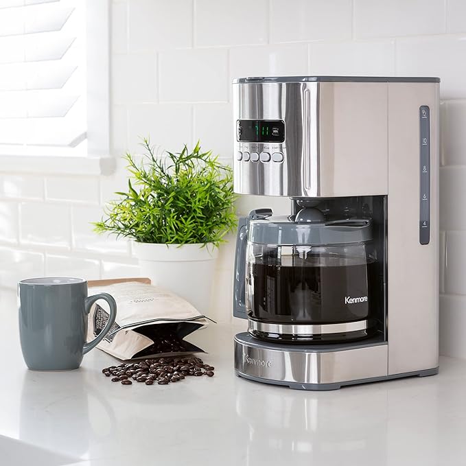 Kenmore Drip Coffee Maker - 12 Cup Programmable Cafe Machine With Glass Pot, Regular & Bold Brew, Auto Shut Off Large Water Reservoir, Reusable Filter, Kitchen Appliances For Cafeteria Barista