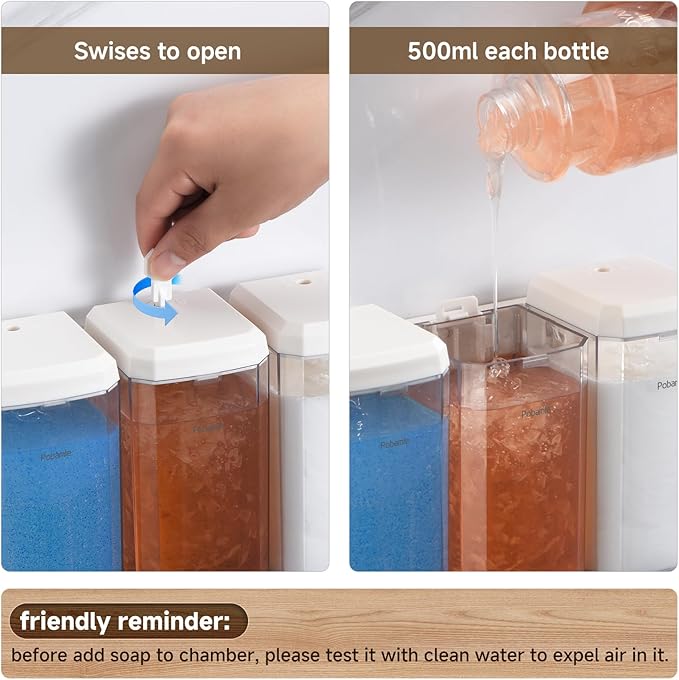 Shampoo and Conditioner Dispenser Wall Mounted, Shower Soap Dispenser No Drill Upadate Easy Slot Install, Shampoo Dispenser for Shower Bathroom Large Capacity 500ml * 3 Chamber Holder White Self
