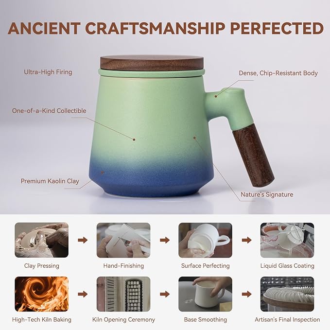 Tea Cup with Infuser and Lid 14oz - Kiln-Fired Ceramic Mug with Turquoise-Blue Gradient, Wood Lid & Handle Loose Leaf Tea Set, Anniversary Birthday Gift